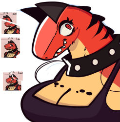  2024 anthro big_breasts breasts cleavage clothed clothed_anthro clothed_female clothing collar countershading digital_drawing_(artwork) digital_media_(artwork) dinosaur eyelashes female markings mouth_closed non-mammal_breasts prehistoric_species qwerty_soda red_body red_scales red_skin reptile scales scalie snaggle_teeth solo spots spotted_markings striped_markings stripes studded_collar studs tanya_(chilipeppers) teeth topwear unfinished 