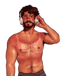  1boy arm_hair armpit_hair bara beard brown_eyes brown_hair cowboy_shot dragon_age dragon_age_2 facepaint facial_hair facial_mark full_beard garrett_hawke headphones heat_stroke_photoshoot_(meme) highres kittyoperas male_chest male_focus mastectomy_scar mature_male meme muscular muscular_male navel_hair scar scar_on_chest short_hair simple_background smile solo sunburn sweat tan thick_navel_hair topless_male wavy_hair white_background white_headphones 