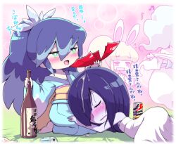  4girls ? ameonna_(youkai_watch) animal_ears barefoot beamed_eighth_notes blonde_hair blue_hair blush bottle breasts closed_eyes drunk eighth_note enraenra_(youkai_watch) floating fubukihime green_eyes half-closed_eyes high_ponytail japanese_clothes kimono long_hair multicolored_hair multiple_girls musical_note nollety open_clothes open_kimono purple_hair rabbit_ears rabbit_girl sake_bottle seiza sitting snowrabby traditional_youkai translation_request two-tone_hair youkai_(youkai_watch) youkai_watch 