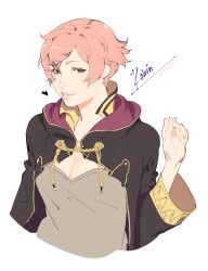  2016 artist_name arucelli black_jacket breasts character_name cleavage cropped_arms cropped_torso dated double-parted_bangs female fire_emblem fire_emblem_awakening grey_shirt half-closed_eyes hand_up highres hood hood_down jacket light_smile lipgloss lips medium_breasts nose parted_lips pink_hair robin_(fire_emblem) shirt short_hair simple_background solo sweater_guard three_quarter_view two-sided_hood unkempt white_background wide_sleeves yellow_trim 