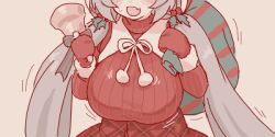  bell blue_archive blush bouncing_breasts breast_focus breasts carrying_over_shoulder female grey_hair hanae_(blue_archive) hanae_(christmas)_(blue_archive) head_out_of_frame holding holding_bell holding_sack hood hood_up large_breasts long_hair long_sleeves low_twintails lowres maibotsumou mittens oekaki open_mouth plaid_clothes plaid_skirt red_mittens red_skirt red_sweater ribbed_sweater sack simple_background skirt smile solo sweat sweater tegaki_draw_and_tweet turtleneck turtleneck_sweater twintails upper_body 