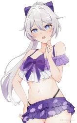  absurdres alstsleet bikini blue_eyes blush bow chest_bow chinese_commentary commentary cowboy_shot diamond-shaped_pupils diamond_(shape) female frilled_bikini frills hair_between_eyes hairbow hand_on_own_chin hand_on_own_hip high_ponytail highres honkai_(series) honkai_impact_3rd kiana_kaslana kiana_kaslana_(herrscher_of_finality) long_hair miyoushe_watermark official_alternate_costume open_mouth polka_dot polka_dot_bikini purple_bikini purple_bow purple_nails sidelocks simple_background solo stomach swimsuit symbol-shaped_pupils two-tone_bikini white_background white_bikini white_hair 