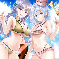  absurdres adapted_costume bikini biwa_lute black_ribbon blue_eyes blue_hair blue_sky breasts brown_bikini cleavage cloud cloudy_sky commission cowboy_shot day floating floating_object flower frilled_bikini frills groin hair_flower hair_ornament hajike_akira hat highres instrument large_breasts light_blue_hair long_hair lute_(instrument) medium_breasts merlin_prismriver navel neck_ribbon outdoors pink_bikini pink_hat purple_eyes purple_hair ribbon skeb_commission sky swimsuit touhou traditional_media trumpet tsukumo_benben twintails very_long_hair 