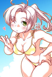  alternate_hairstyle antenna_hair artist_logo bikini blowing_kiss blue_sky breasts cleavage cloud cowboy_shot dated female floral_print grey_hair highres kantai_collection kinugasa_(kancolle) kinugasa_kai_ni_(kancolle) kinugasa_kai_ni_(swimsuit_mode)_(kancolle) kutone_shirika long_hair medium_breasts official_alternate_costume one_eye_closed ponytail sky solo string_bikini swimsuit yellow_bikini 