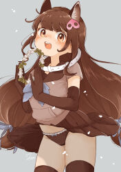  0nanaten :d animal_ear_fluff animal_ears blunt_bangs blush brown_eyes brown_gloves brown_hair brown_panties brown_skirt brown_thighhighs collared_peccary_(kemono_friends) commentary commission elbow_gloves extra_ears female flower_wreath frilled_panties frills gloves grey_background hair_ornament hairclip highres holding holding_wreath kemono_friends long_hair low-tied_long_hair open_mouth panties pleated_skirt short_sleeves simple_background skeb_commission skirt smile solo teeth thighhighs underwear upper_teeth_only very_long_hair 