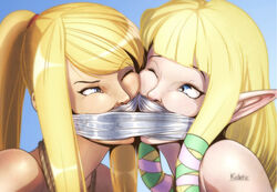  blonde_hair blue_eyes bondage bound_together braids crossover face_to_face femsub gag gagged kidetic kusujinn metroid multiple_subs nintendo pointy_ears ponytail princess_zelda samus_aran skyward_sword super_smash_bros. tape tape_bondage tape_gag taped_mouth taped_together the_legend_of_zelda tied_hair zelda_(skyward_sword) 