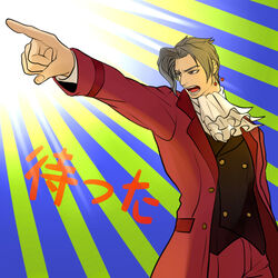  1boy alternate_costume ascot commentary_request cosplay curtained_hair grey_hair gyakuten_saiban jojo_no_kimyou_na_bouken kakyoin_noriaki kilva_lollop male_focus miles_edgeworth miles_edgeworth_(cosplay) objection parody pointing solo 