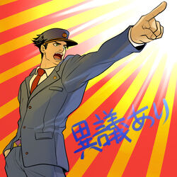  1boy black_hair commentary_request cosplay formal gyakuten_saiban hat jojo_no_kimyou_na_bouken kilva_lollop kujo_jotaro lapels male_focus naruhodou_ryuuichi objection parody phoenix_wright_(cosplay) pointing suit 