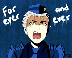  1boy artist_black artist_name commentary crying grey_hair hat male_focus necktie open_mouth parody persona persona_3 persona_3_portable solo the_shining theodore_(persona) upper_body yellow_eyes 