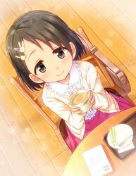  bag brown_eyes brown_hair cardigan chair coffee commentary_request cup drink female from_above hair_ornament hairclip holding idolmaster idolmaster_cinderella_girls looking_up mug naoharu_(re_barna) plate sasaki_chie shirt short_hair sitting skirt smile solo table 