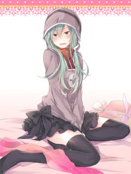  black_thighhighs blush bow commentary_request female green_eyes green_hair hood hoodie kagerou_project kido_tsubomi long_hair ocha_(hutuumikan) ribbon skirt solo thighhighs 