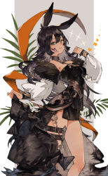  animal_ears black_hair black_skirt center-flap_bangs colored_inner_hair commentary commission detached_sleeves feather-trimmed_sleeves feet_out_of_frame female from_side green_eyes grey_hair hair_between_eyes highres kemomin_nosuke long_hair long_sleeves looking_at_viewer looking_to_the_side multicolored_hair original puffy_long_sleeves puffy_sleeves rabbit_ears skeb_commission skirt skirt_hold solo thigh_strap two-tone_hair very_long_hair 