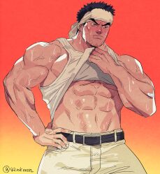  1boy 42nkooon abs bara black_hair blush cowboy_shot forked_eyebrows hot lifting_own_clothes looking_to_the_side male_focus mature_male muscular muscular_male navel official_alternate_costume pants pectorals ryu_(street_fighter) short_hair sidepec solo sparse_stubble street_fighter sweat tank_top thick_eyebrows underpec veins veiny_hands very_sweaty white_tank_top 