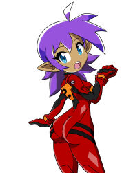  ass back blue_eyes bodysuit breasts dark-skinned_female dark_elf dark_skin datwondoude elf female from_behind highres looking_at_viewer looking_back medium_hair open_mouth plugsuit pointy_ears purple_hair red_bodysuit shantae shantae_(series) simple_background skin_tight skindentation solo tan white_background y_shaped_butt_crack 