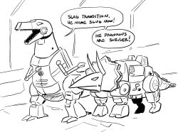  2024 all_fours anaugi anthro autobot black_and_white ceratopsian cybertronian dialogue dinobot_(species) dinosaur duo emblem english_text grimlock hasbro humor machine male monochrome open_mouth ornithischian prehistoric_species reptile robot robot_anthro scalie slag_(dinobot) speech_bubble standing tail takara_tomy text theropod trans_(lore) trans_woman_(lore) transformers triceratops tyrannosaurid tyrannosauroid tyrannosaurus tyrannosaurus_rex 