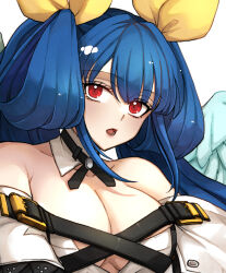  angel_wings asymmetrical_wings bare_shoulders belt blue_hair breasts choker cleavage clothing_cutout collarbone commentary_request detached_collar detached_sleeves dizzy_(guilty_gear) ebi_pri_shrimp female guilty_gear guilty_gear_xrd hair_between_eyes hair_ribbon hair_rings highres large_breasts long_hair looking_at_viewer mature_female open_mouth red_eyes ribbon shaded_face sidelocks solo twintails upper_body wings yellow_ribbon 