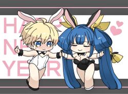  1boy animal_ears black_leotard blonde_hair blue_eyes blue_hair blush breasts closed_eyes crossdressing detached_collar dizzy_(guilty_gear) ebi_pri_shrimp embarrassed fake_animal_ears female guilty_gear guilty_gear_xrd husband_and_wife ky_kiske leotard long_hair male_playboy_bunny playboy_bunny rabbit_ears rabbit_tail red_eyes ribbon short_hair strapless strapless_leotard tail wrist_cuffs 