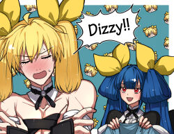  2boys black_gloves blonde_hair blue_hair blush breasts cosplay crossdressing dizzy_(guilty_gear) dizzy_(guilty_gear)_(cosplay) ebi_pri_shrimp eyepatch father_and_son female fingerless_gloves gloves guilty_gear guilty_gear_strive guilty_gear_xrd hair_between_eyes hair_ribbon hair_rings highres husband_and_wife ky_kiske large_breasts long_hair looking_at_viewer mother_and_son multiple_boys nose_blush red_eyes ribbon sin_kiske smile yellow_ribbon 