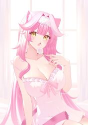  alternate_costume animal_ear_fluff breasts cleavage collarbone eyelashes female hololive hololive_english large_breasts long_hair mask mask_on_head mimikaki multicolored_hair negligee open_mouth panther_ears panther_girl panther_tail pink_hair pink_tail raora_panthera sleep_mask solo strap_slip streaked_hair twitter_username usagisii virtual_youtuber white_hair yellow_eyes 