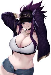  absurdres akali alternate_costume arms_up baseball_cap blue_eyes breasts cleavage commission cropped_jacket denim denim_shorts female gold_trim hair_through_headwear hat highres izulizuru jacket k/da_(league_of_legends) k/da_akali league_of_legends midriff navel panties pants ponytail purple_hair purple_jacket shade short_shorts shorts smile solo sports_bra underwear white_sports_bra 