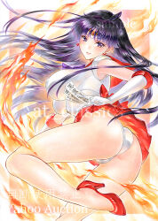  alternate_breast_size ass at_classics between_fingers bishoujo_senshi_sailor_moon black_hair breasts circlet commentary covered_nipples earrings elbow_gloves female fire floating_hair gloves high_heels hino_rei holding jewelry large_breasts leotard long_hair ofuda ofuda_between_fingers panties pantyshot pleated_skirt red_footwear red_sailor_collar red_skirt sailor_collar sailor_mars sailor_senshi_uniform sample_watermark skirt smile solo traditional_media underwear very_long_hair watermark white_gloves white_leotard 