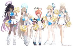  5girls akane_(blue_archive) asuna_(blue_archive) black_hair blonde_hair blue_archive blue_eyes cleaning_&amp;_clearing_(blue_archive) closed_mouth dark-skinned_female dark_skin full_body glasses gloves grey_eyes hair_ribbon halo highres holding holding_pom_poms jacket karin_(blue_archive) light_brown_hair long_hair looking_at_viewer loose_socks millennium_cheerleader_outfit_(blue_archive) multicolored_hair multiple_girls navel neru_(blue_archive) official_alternate_costume official_art open_clothes open_jacket orange_hair parted_lips pom_pom_(cheerleading) ponytail purple_hair red_eyes ribbon short_hair simple_background skirt smile socks standing stomach thigh_strap toki_(blue_archive) tomari_(veryberry00) white_background white_footwear white_gloves white_skirt white_socks yellow_eyes 