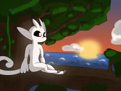  2022 absurd_res ambiguous_gender anthro black_nose black_sclera cel_shading cloud colored digital_media_(artwork) glowing glowing_body glowing_tail guardian_spirit hi_res hooves microsoft moon_studios ori_(ori) ori_(series) plant rising1star sea shaded sitting sitting_on_branch sitting_on_tree sky solo sunset tail tree water white_body white_ears white_eyes white_tail xbox_game_studios 