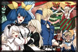  4boys 5girls ahoge blonde_hair blue_eyes blue_hair blunt_ends blush box breasts brown_hair christmas christmas_ornaments christmas_tree collared_shirt colored_inner_hair dark-skinned_female dark_skin dizzy_(guilty_gear) ebi_pri_shrimp elphelt_valentine father-in-law_and_son-in-law father_and_son forehead_protector front_slit gift gift_box gloves grandfather_and_grandson guilty_gear guilty_gear_xrd hair_between_eyes hair_ribbon hair_rings hairband halo hat highres huge_ahoge husband_and_wife jack-o&#039;_valentine ky_kiske large_breasts long_hair long_sleeves mother_and_son multicolored_hair multiple_boys multiple_girls muscular muscular_male necro_(guilty_gear) open_mouth plunging_neckline ramlethal_valentine red_eyes red_gloves red_hair ribbon santa_hat shirt short_hair sin_kiske smile sol_badguy spiked_hair spiked_hairband spiked_halo spikes tail tail_ornament tail_ribbon two-tone_hair undine_(guilty_gear) very_long_hair white_hair white_shirt yellow_eyes yellow_ribbon 