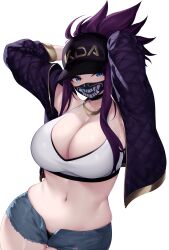  absurdres akali alternate_costume arms_up baseball_cap blue_eyes breasts cleavage commission cropped_jacket denim denim_shorts female gold_trim hair_through_headwear hat highres izulizuru jacket k/da_(league_of_legends) k/da_akali league_of_legends mask midriff mouth_mask navel panties pants ponytail print_mask purple_hair purple_jacket shade short_shorts shorts solo sports_bra underwear white_sports_bra 