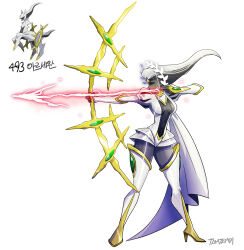  arceus black_sclera black_skin boots bow_(weapon) center_opening colored_sclera colored_skin drawing_bow energy_arrow female full_body highres holding holding_bow_(weapon) holding_weapon long_hair personification pokemon pokemon_(creature) puff_and_slash_sleeves puffy_sleeves red_eyes reference_inset simple_background tamtamdi thigh_boots translated weapon white_background white_footwear white_hair 