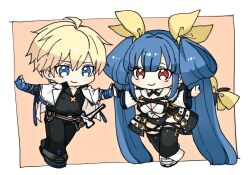  1boy blonde_hair blue_eyes blue_hair breasts chibi chibi_only cleavage couple dizzy_(guilty_gear) ebi_pri_shrimp female fingerless_gloves full_body gloves guilty_gear guilty_gear_strive guilty_gear_xrd hair_between_eyes husband_and_wife ky_kiske long_hair red_eyes short_hair smile 