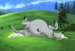  2021 alexvalyutin belly bent_legs big_belly black_hooves black_inner_ear blue_eyes blue_sky cloud cloven_hooves colored day digital_drawing_(artwork) digital_media_(artwork) equid equine evergreen_tree female female_feral feral field forest fur grass grey_body grey_fur hooves horizontal_pupils horse legs_up long_tail looking_at_viewer lying mammal mane moonheart mountain on_back outside pine_tree plant pregnant pregnant_female pregnant_feral pupils quadruped shaded sky solo tail tree unguligrade white_mane white_tail 