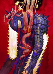  1boy absurdres chainsaw chainsaw_devil chainsaw_man head_down hieumay highres intestines mechanical_head monster monster_boy no_eyes organs red_background scarf sharp_teeth simple_background solo spikes teeth veins 