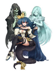  ^_^ absurdres asymmetrical_wings belt black_panties black_thighhighs blue_hair breasts choker cleavage closed_eyes closed_mouth clothing_cutout collarbone detached_collar detached_sleeves dizzy_(guilty_gear) ebi_pri_shrimp female full_body guilty_gear guilty_gear_xrd hair_between_eyes hair_down hair_ribbon hair_rings high_heels highres large_breasts long_hair long_sleeves looking_at_viewer mature_female monster_girl mundane_utility navel necro_(guilty_gear) off_shoulder open_mouth panties red_eyes ribbon sidelocks simple_background sitting_on_own_tail smile solo tail tail_support thick_thighs thigh_strap thighhighs thighs twintails underwear undine_(guilty_gear) white_background wide_sleeves wings yellow_ribbon 