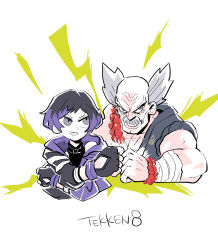  1boy absurdres balding bracelet copyright_name facial_hair father_and_daughter female fingerless_gloves fist_bump gloves grey_hair highres jewelry kangyaku mishima_heihachi moustache purple_hair reina_(tekken) smile tekken tekken_8 upper_body v-shaped_eyebrows wrist_wrap 