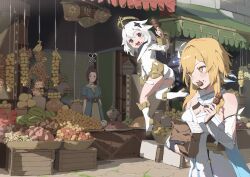  3girls absurdres ass bag banana bare_shoulders blonde_hair boots breasts bridal_gauntlets chinese_commentary cleavage commentary_request dress food fruit genshin_impact grey_hair highres holding holding_bag holding_food long_hair looking_back looking_to_the_side lumine_(genshin_impact) market multiple_girls nainainainainaiya open_mouth outdoors paimon_(genshin_impact) smile upper_body watermelon white_dress yellow_eyes 