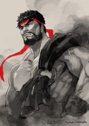  1boy bare_pectorals black_hair cheekbones forked_eyebrows frown headband highres kotonoha_kasumi looking_ahead male_focus mature_male muscular muscular_male pectorals red_headband ryu_(street_fighter) sash serious short_hair solo spot_color street_fighter street_fighter_6 thick_eyebrows upper_body 