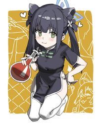  absurdres animal_ears black_dress black_hair blue_archive blue_halo blush_stickers border china_dress chinese_clothes closed_mouth commentary_request doodle_background dress female green_eyes halo heart highres holding_potion long_hair looking_at_viewer nainainainainaiya no_shoes shun_(blue_archive) shun_(small)_(blue_archive) smile solo squatting thighhighs white_border white_thighhighs yellow_background 