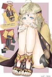  ahoge blonde_hair circlet female fire_emblem fire_emblem_fates gold_cape grey_eyes highres long_hair looking_at_viewer ophelia_(fire_emblem) panties sifil_amfr solo swept_bangs toeless_footwear underwear yellow_panties 