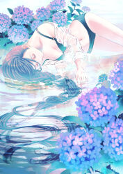  absurdres black_hair braid feet_out_of_frame female flower hanasaki_taru highres leaf long_hair lying lying_on_water navel on_side original reflection reflective_water ripples shirt signature single_braid sleeping solo underwear very_long_hair wet wet_clothes white_shirt 