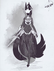  anthro atokitsune big_ears black_body black_fur canid canine curvy_figure drapery female fox fur hi_res hourglass_figure mammal mask monotone_body monotone_fur multi_tail navel raimu_(atokitsune) solo tail tall tall_ears weapon 