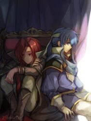  2boys alpha_signature armor black_coat blue_cape blue_coat blue_eyes blue_hair brothers cape coat collar collared_coat commentary_request expressionless facial_mark fire_emblem fire_emblem:_genealogy_of_the_holy_war forehead_mark gloves half-siblings headband julius_(fire_emblem) long_hair looking_away looking_back multiple_boys nana_(nanalog76) pants pauldrons ponytail red_eyes red_hair seliph_(fire_emblem) shoulder_armor siblings sidelocks signature sitting white_gloves white_headband white_pants 