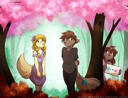  2017 accessory ambiguous_gender anthro blonde_hair blue_eyes blush bodily_fluids bottomwear brown_body brown_eyes brown_fur brown_hair brown_nose canid canine canis clothed clothing colored conditional_dnp detailed_background dialogue dress embarrassed english_text female flower flower_in_hair forest fur group hair hair_accessory hands_behind_back heart_symbol hiding hiding_behind_object hiding_behind_tree holding_object keidran lilith_(twokinds) looking_back male mammal natani nervous outside pants pictographics plant shirt shy sibling_(lore) sign skirt sweat text tom_fischbach topwear tree twintails twokinds wolf yellow_body yellow_fur young young_ambiguous young_anthro young_female zen_(twokinds) 