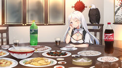  ;) animal arm_support azur_lane bacon bamboo_steamer bangs baozi bird blush bottle bowl breasts chair chicken_(food) chili_pepper chopsticks cleavage cleavage_cutout closed_mouth coca-cola commentary_request cup dress drink drinking_glass dumpling eagle earrings enterprise_(azur_lane) eyebrows_visible_through_hair food food_request fried_rice ham head_rest head_tilt highres indoors jewelry jiaozi large_breasts long_hair looking_at_viewer mapo_doufu maya_g one_eye_closed plate purple_eyes short_sleeves shrimp silver_hair sitting smile soda_bottle solo soup sprite_(drink) table tofu very_long_hair white_dress window 