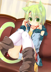  ahoge animal_ears boots cameltoe cat_ears cat_tail commentary_request couch dodome-iro_mayonnaise dutch_angle female glasses green_eyes green_hair holding holding_removed_eyewear original panties pantyshot red-framed_eyewear sharon_(dodomayo) short_hair sitting solo striped_clothes striped_panties tail thighhighs underwear unworn_eyewear upskirt 