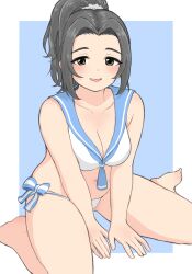  :d bikini black_hair blush breasts cleavage ebihara_naho female grey_eyes hair_ornament hair_scrunchie highres idolmaster idolmaster_cinderella_girls looking_at_viewer noe_aoikaba plump ponytail sailor_bikini sailor_collar sailor_swimsuit_(idolmaster) scrunchie sitting smile solo swimsuit wariza white_bikini 