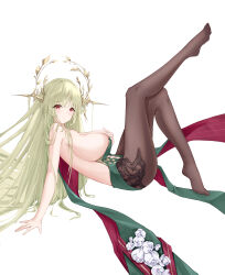  absurdres azur_lane bare_shoulders breasts brown_pantyhose dress dress_flower female flower full_body green_dress green_hair highres large_breasts lieend long_hair looking_at_viewer napoli_(azur_lane) pantyhose red_eyes rose simple_background solo strapless strapless_dress very_long_hair white_background white_flower white_rose 