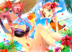  2girls :d ahoge animal_ears bare_legs beach bikini black_bikini blue_eyes breasts closed_mouth crazy_straw cup day drinking_straw flower food frilled_bikini frills front-tie_bikini_top front-tie_top fruit green_eyes hair_between_eyes hat hat_flower hibiscus holding holding_cup innertube large_breasts mizuchaya_youkan multiple_girls one-piece_swimsuit orange_(fruit) orange_one-piece_swimsuit orange_slice outdoors parted_bangs reaper_4_(sekaiju) sekaiju_no_meikyuu sekaiju_no_meikyuu_5 shaman_3_(sekaiju) smile sun_hat swim_ring swimsuit yellow_eyes 