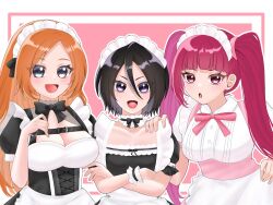  3girls :d :o alternate_costume apron b_eaka black_bow black_bowtie black_hair black_shirt bleach blunt_bangs blush border bow bowtie breasts brown_hair cleavage commentary_request crossed_arms dokugamine_riruka double-parted_bangs enmaided flat_color frilled_wrist_cuffs frills grey_eyes hair_between_eyes hand_on_another&#039;s_shoulder hand_up highres inoue_orihime kuchiki_rukia large_breasts long_hair looking_at_viewer maid maid_apron maid_headdress multiple_girls neck_ribbon open_mouth parted_bangs pink_background pink_ribbon puffy_short_sleeves puffy_sleeves purple_eyes red_eyes red_hair revision ribbon shirt short_hair short_sleeves side-by-side simple_background smile straight_hair tsurime twintails upper_body v-shaped_eyebrows white_apron white_border white_shirt wrist_cuffs 