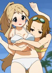  2girls absurdres beach bikini blonde_hair blue_eyes blush breast_envy breast_lift breasts brown_eyes brown_hair cleavage collarbone embarrassed goggles goggles_on_head grabbing_another&#039;s_breast grabbing_from_behind groping hands_up highres k-on! kicchi_(tmgk) kotobuki_tsumugi long_hair looking_at_another looking_at_breasts medium_breasts multiple_girls open_mouth outdoors palm_tree ponytail raised_eyebrow short_hair small_breasts swimsuit tainaka_ritsu tree upper_body white_bikini yellow_bikini 